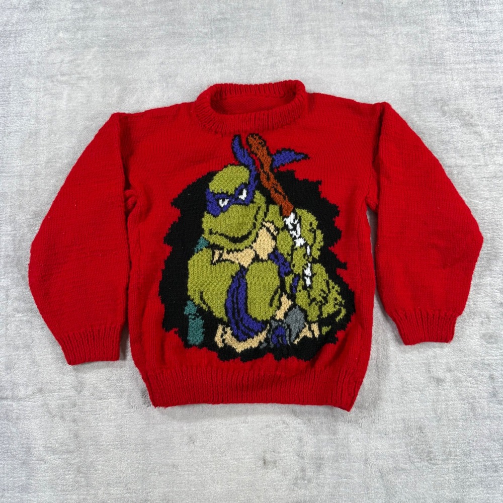 Handmade TMNT Sweater Youth Medium Red Donatello Knit Pullover 90s Cartoon